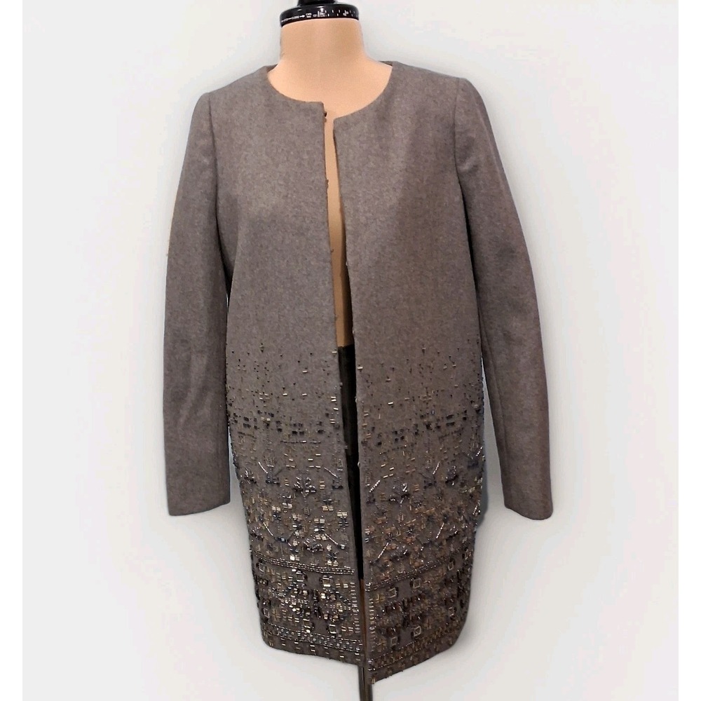 J.Crew Collection Embellished Cocoon Coat‎ in Gray Beaded Wool Topcoat Size 00